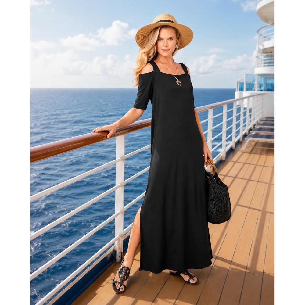 Roamans Maxi Dress‎ 1X Black Cruise Summer Vacation Flowy Stretch 22